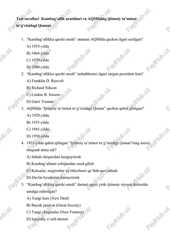 kambag‘allik urushlari va aqshning ijtimoiy ta’minot to‘g‘risidagi qonuni — DOCX