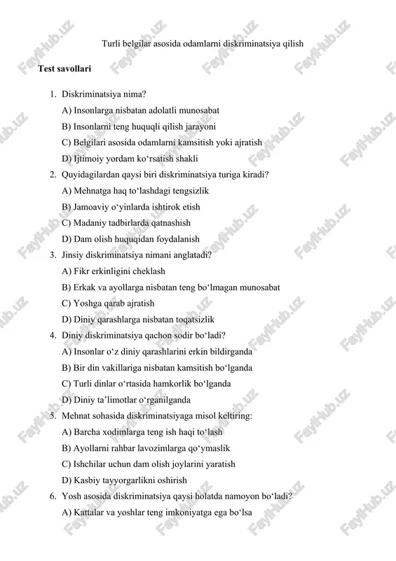 diskriminatsiya haqida test savollari — DOCX