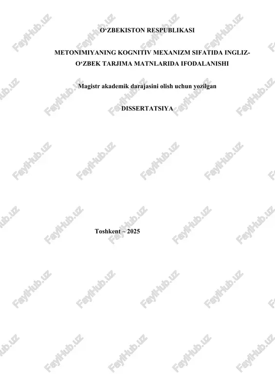 metonimiyaning kognitiv mexanizm sifatida ingliz-o‘zbek tarjima matnlarida ifodalanishi — DOCX