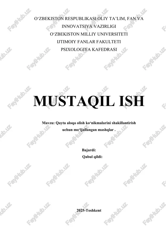 qayta aloqa olish ko‘nikmalarini shakillantirish uchun mo‘ljallangan mashqlar — DOCX