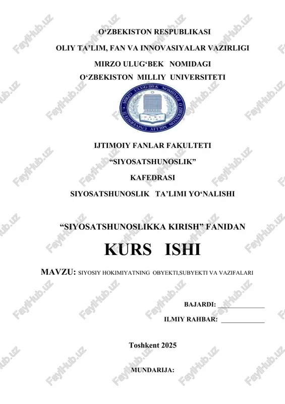 siyosiy hokimiyatning obyekti,subyekti va vazifalari — DOCX
