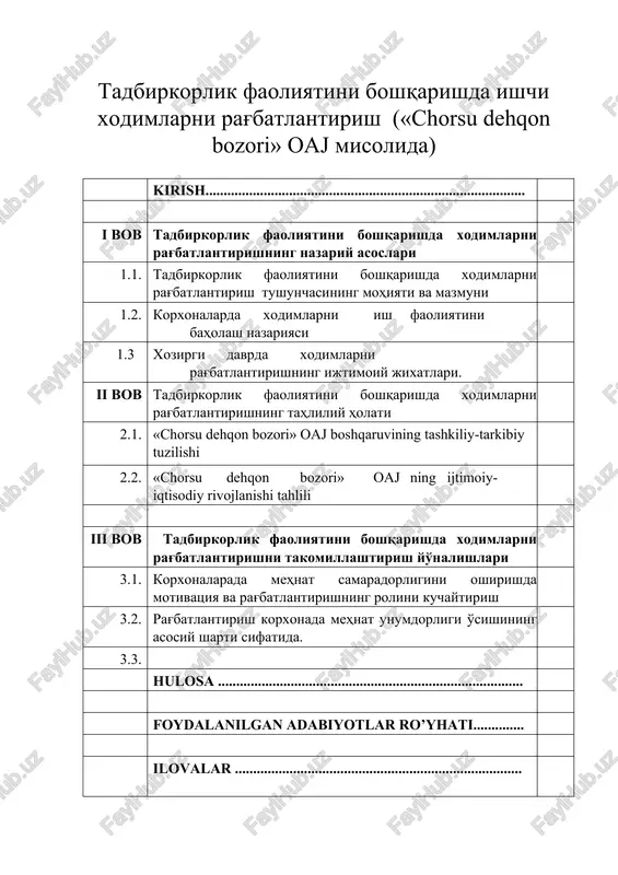 tadbirkorlik faoliyatini boshqarishda ishchilarni rag'batlantirish — DOCX