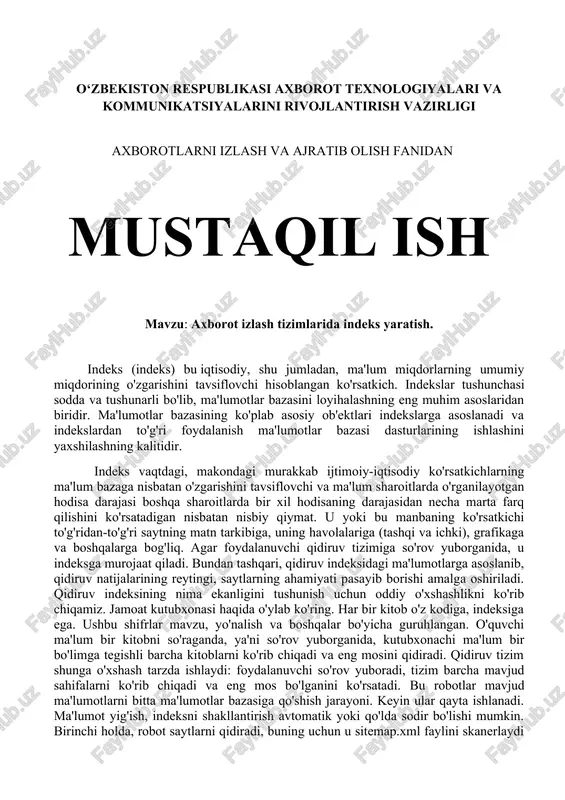 axborot izlash tizimlarida indeks yaratish — DOC