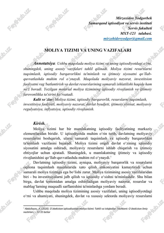 moliya tizimi va uning vazifalari — DOCX