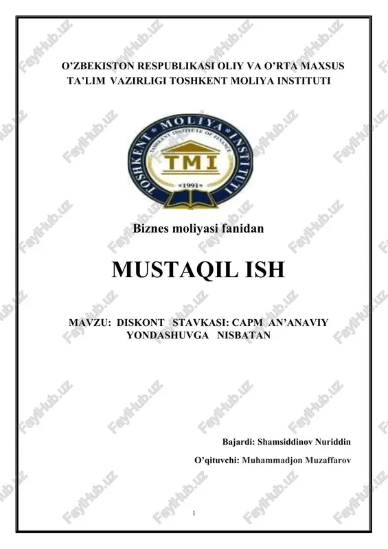 diskont stavkasi: capm an’anaviy yondashuvga nisbatan — DOCX