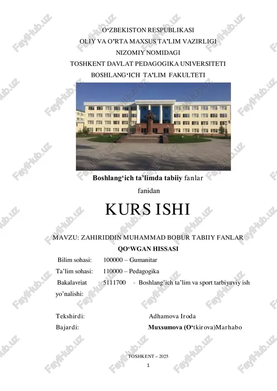 zahiriddin muhammad bobur tabiiy fanlar qo‘wgan hissasi — PDF
