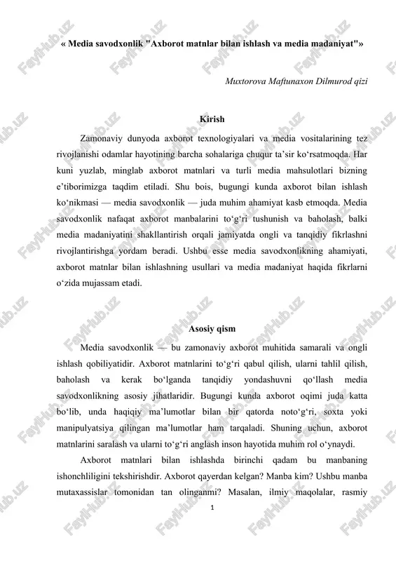 media savodxonlik "axborot matnlar bilan ishlash va media madaniyat" — DOC