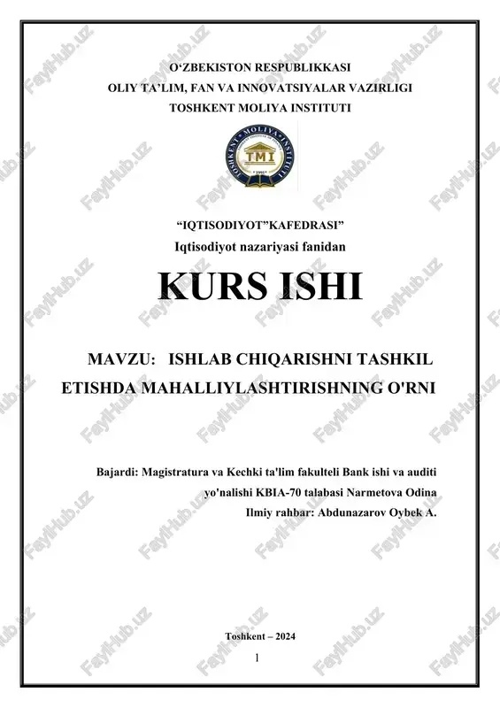 ishlab chiqarishni tashkil etishda mahalliylashtirishning o'rni — DOCX