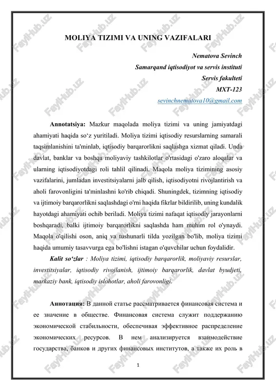 moliya tizimi va uning vazifalari — DOCX