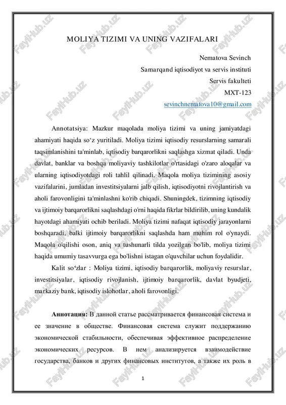 moliya tizimi va uning vazifalari — PDF
