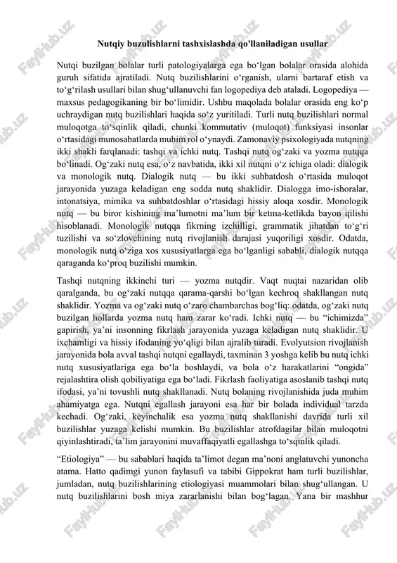 nutqiy buzulishlarni tashxislashda qo'llaniladigan usullar — DOCX