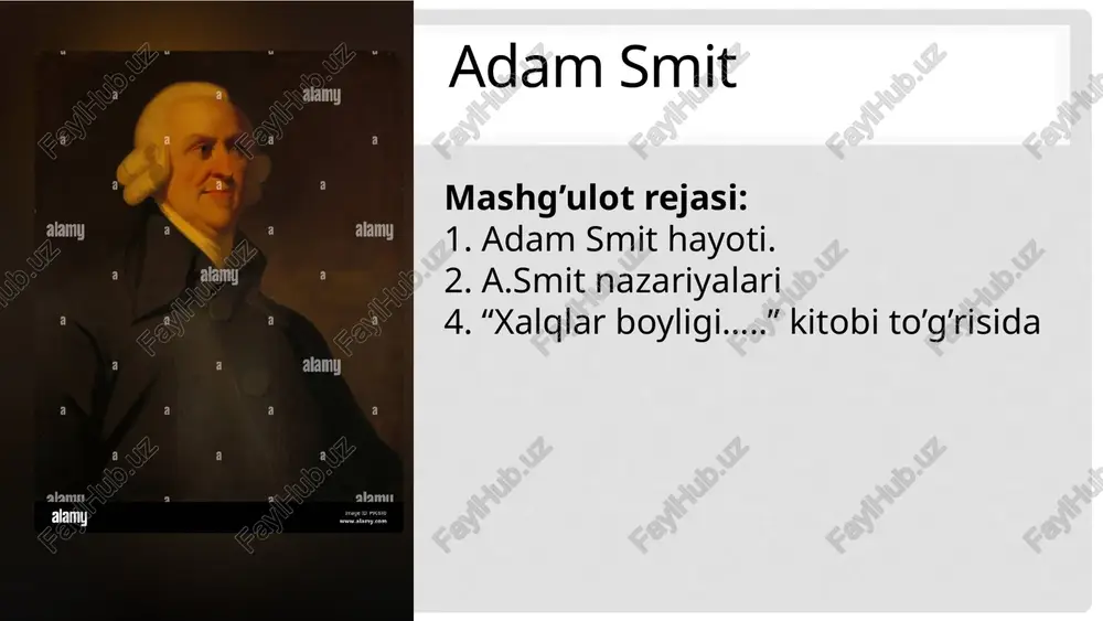 adam smit shotlandiyada tug'ildi va glazgo hamda oksford universitetlarida ta'lim oldi. — PPTX