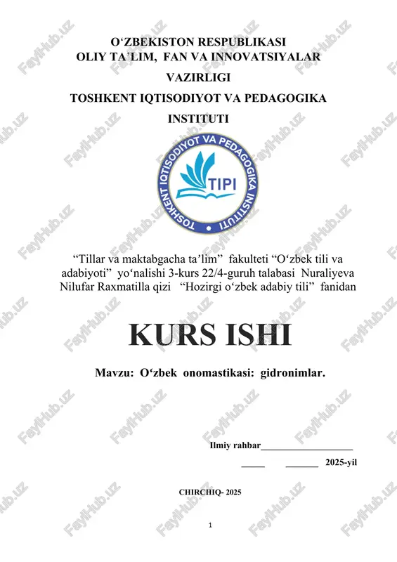 oʻzbek onomastikasi: gidronimlar — DOCX
