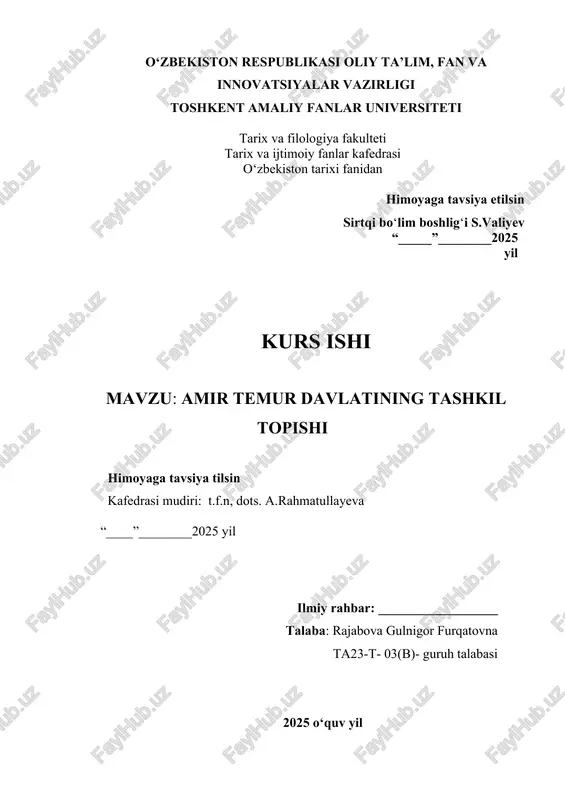 amir temur davlatining tashkil topishi — DOCX
