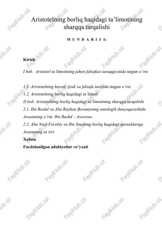 aristotelning borliq haqidagi ta’limoti — DOC