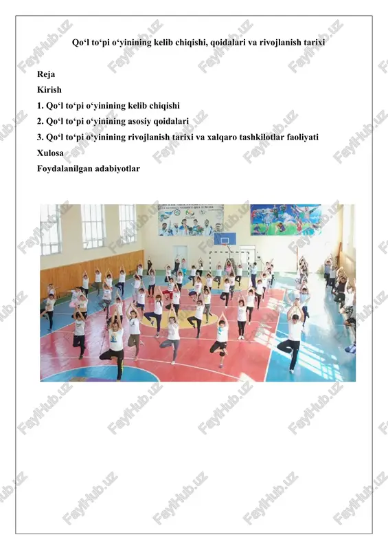 qo‘l to‘pi o‘yinining kelib chiqishi, qoidalari va rivojlanish tarixi — DOCX