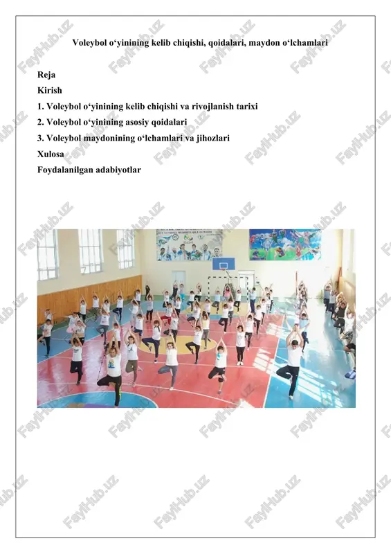 voleybol o‘yinining kelib chiqishi, qoidalari, maydon o‘lchamlari — DOCX