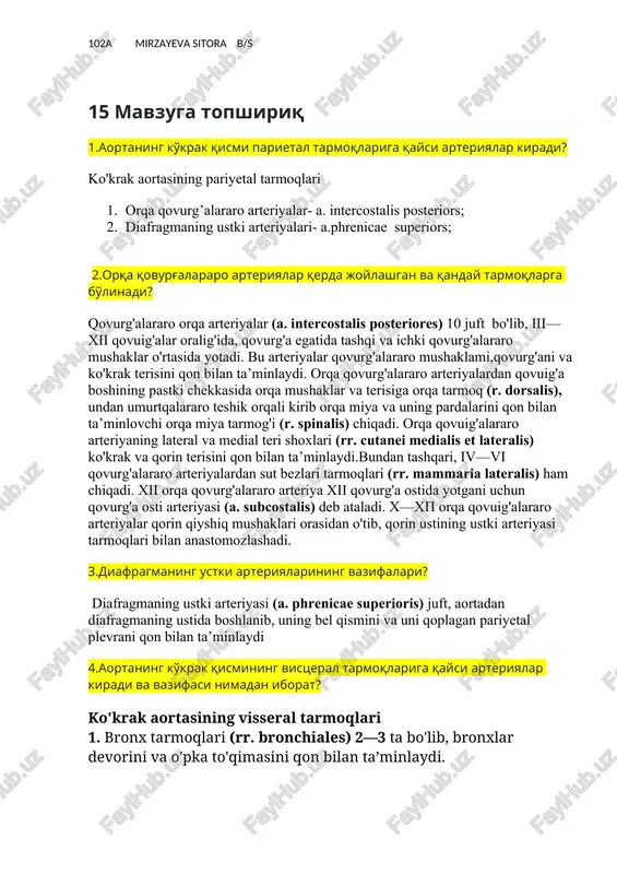 ko'krak aortasining pariyetal tarmoqlari — DOCX