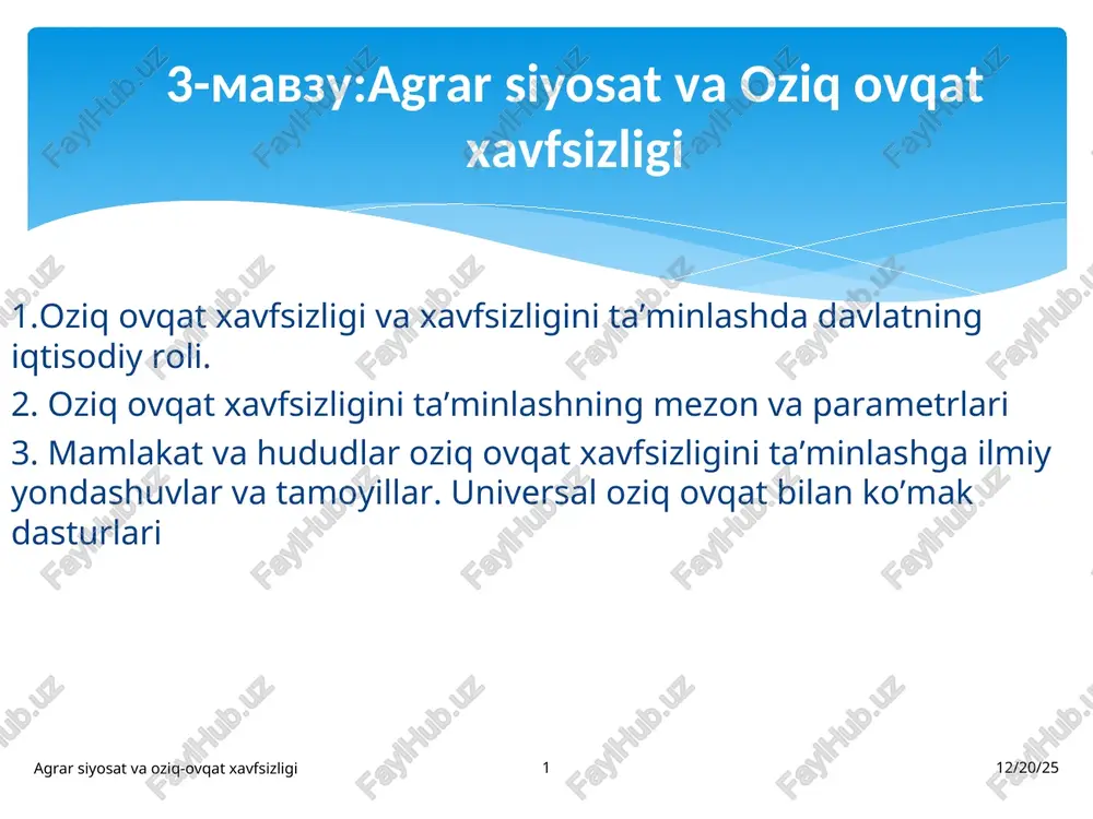 agrar siyosat va oziq ovqat xavfsizligi — PPT
