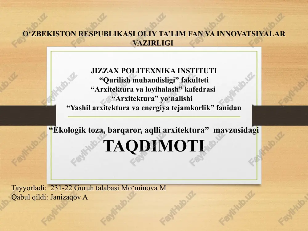 ekologik toza, barqaror, aqlli arxitektura — PPTX