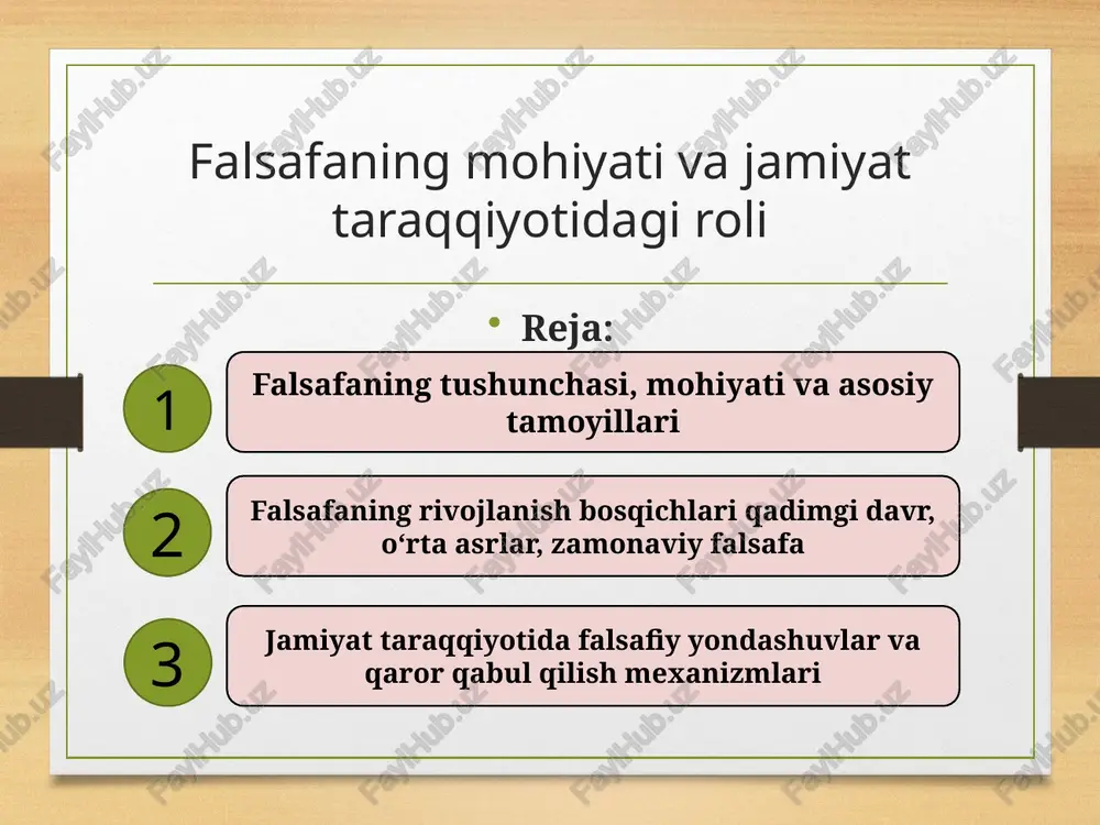 falsafaning mohiyati va jamiyat taraqqiyotidagi roli — PPTX