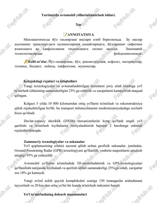 yo'l ta'mirlash ishlari — DOCX