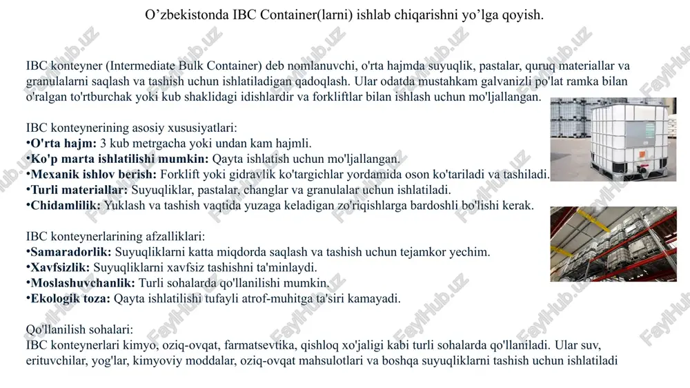 o’zbekistonda ibc container(larni) ishlab chiqarishni yo’lga qoyish. — PPTX