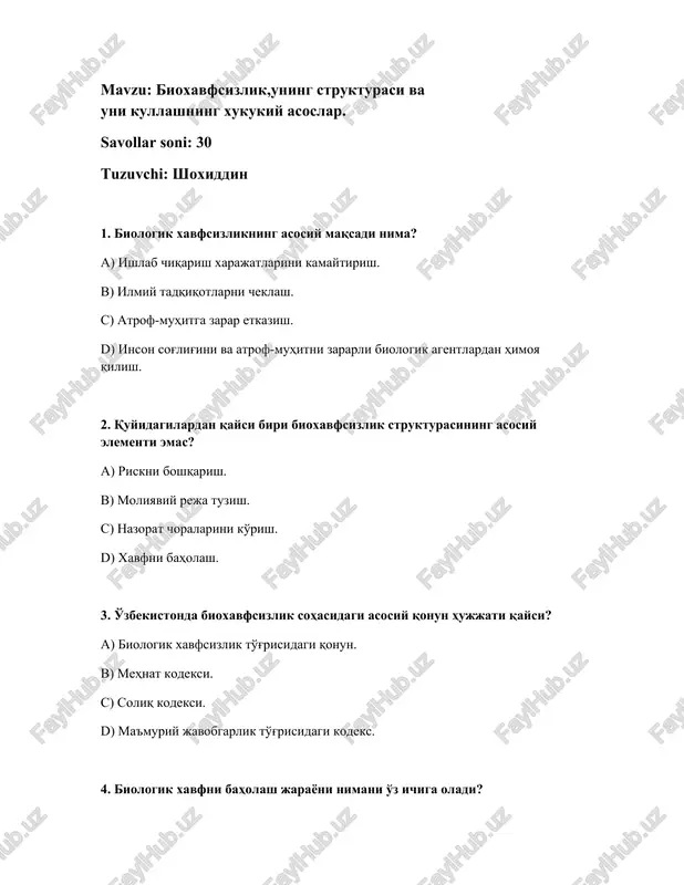 bioxavfsizlik, uning strukturasi va uni kullashning xukukiy asoslar — DOCX