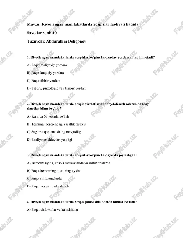 rivojlangan mamlakatlarda xospislar faoliyati haqida — DOCX