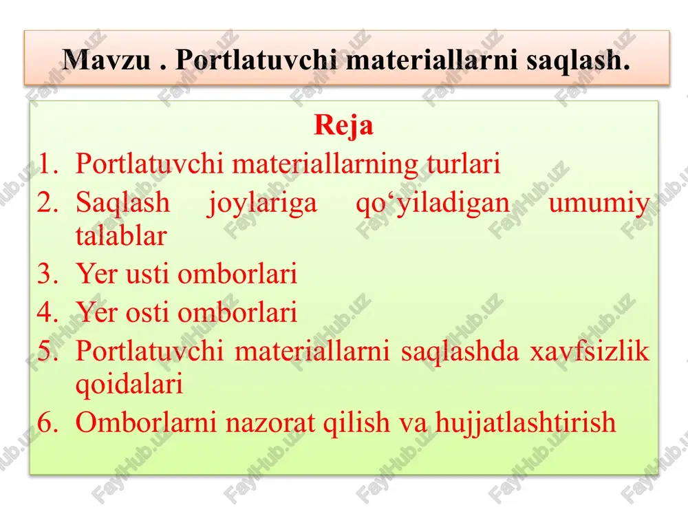 portlatuvchi materiallarni saqlash — PPTX