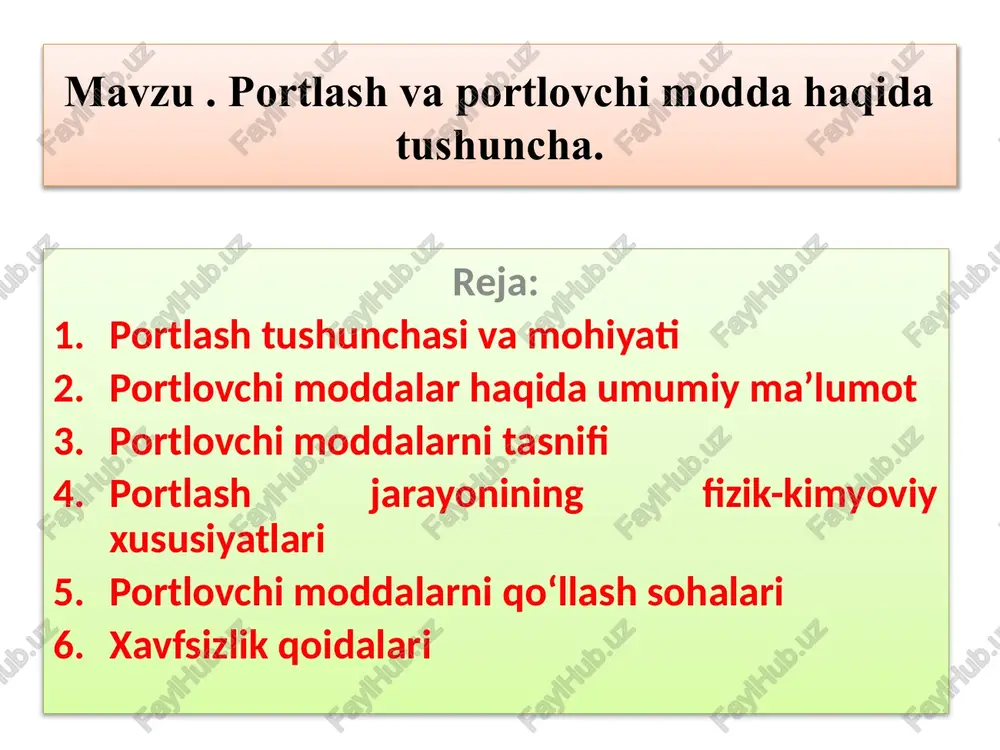 portlash va portlovchi modda haqida tushuncha — PPTX