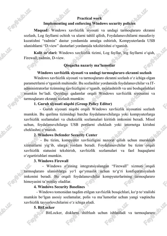windows xavfsizlik siyosati va undagi tarmoqlararo ekranni sozlash — DOCX