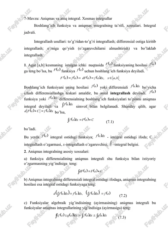 aniqmas va aniq integral. xosmas integrallar — DOCX