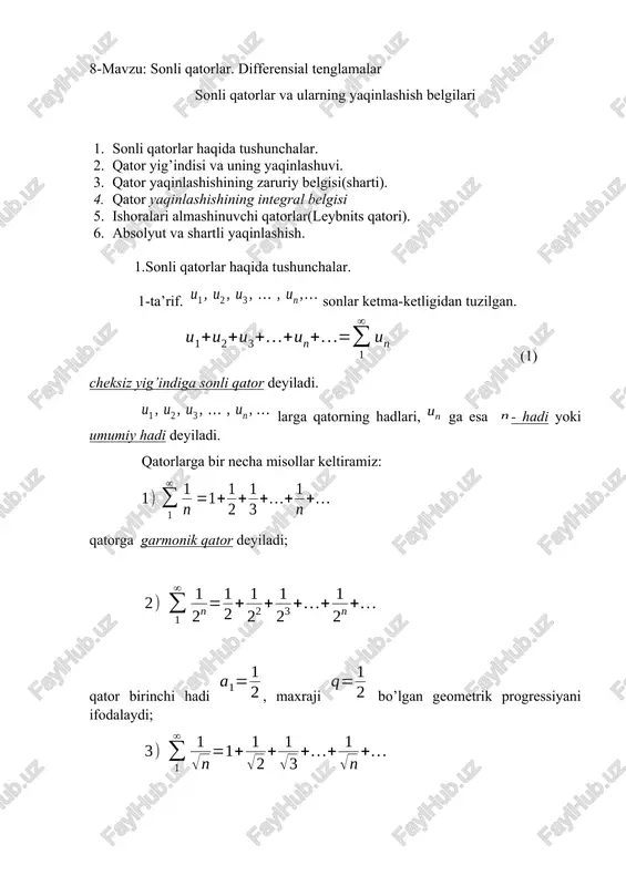 sonli qatorlar. differensial tenglamalar — DOCX