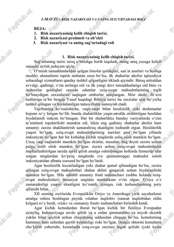 risk nazariyasi va uning sug’urtadagi roli — DOCX