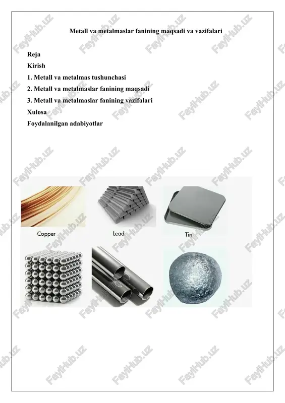 metall va metalmaslar fanining maqsadi va vazifalari — DOCX