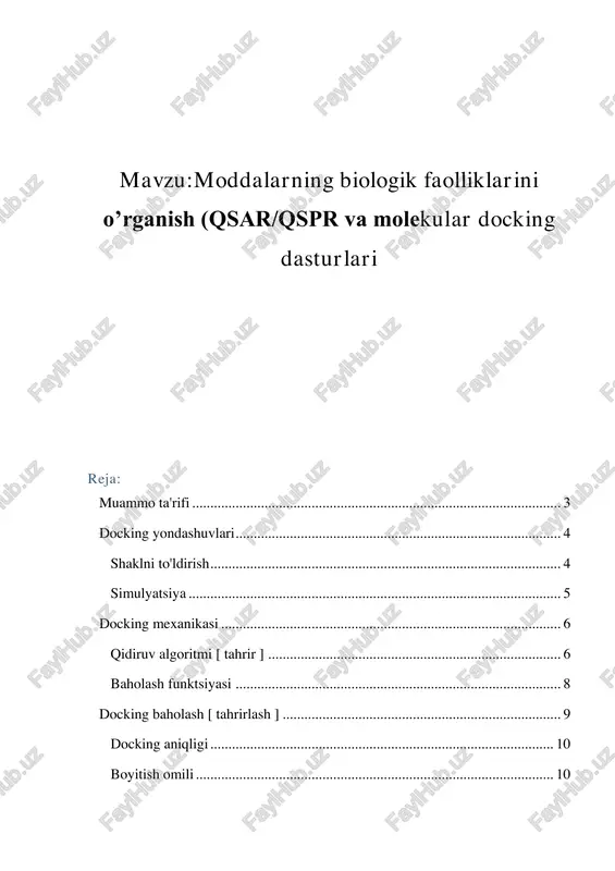 moddalarning biologik faolliklarini o’rganish (qsar/qspr va molekular docking dasturlari) — PDF