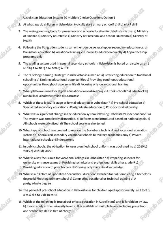 uzbekistan education system: 30 multiple choice questions option 1 — DOCX