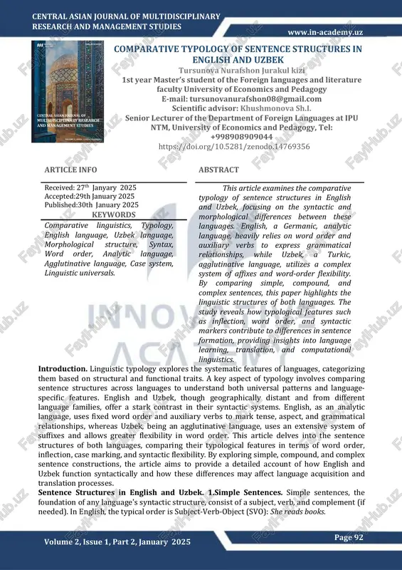 comparative typology of sentence structures in english and uzbek — PDF