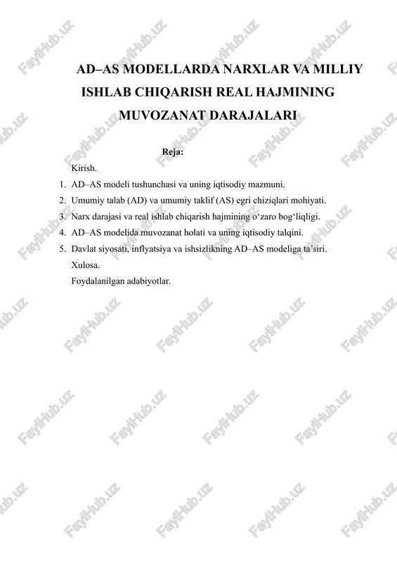 ad–as modellarda narxlar va milliy ishlab chiqarish real hajmining muvozanat darajalari — DOCX