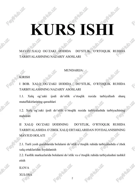 xalq og'zaki ijodida do'stlik ruhida tarbiyalash — DOCX