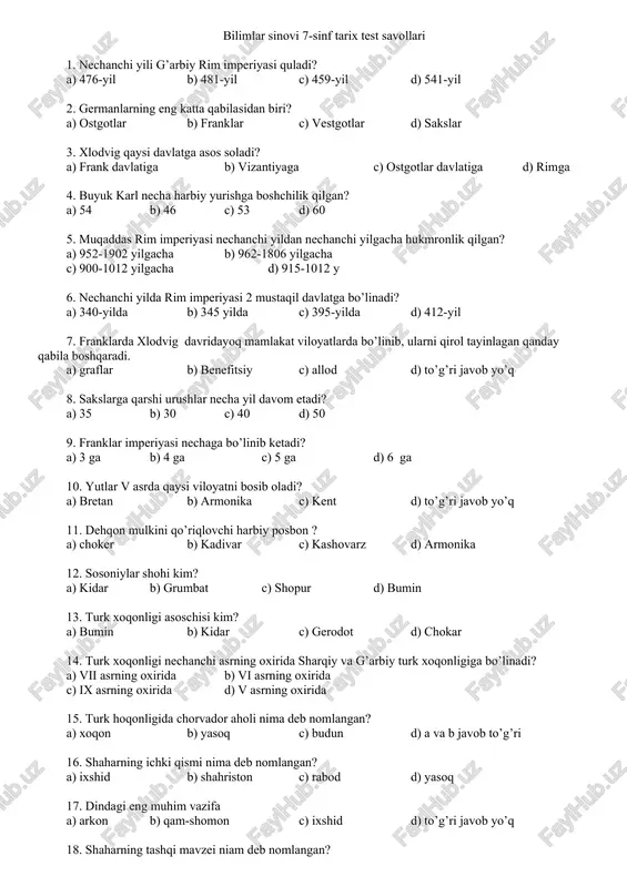 bilimlar sinovi 7-sinf tarix test savollari — DOC