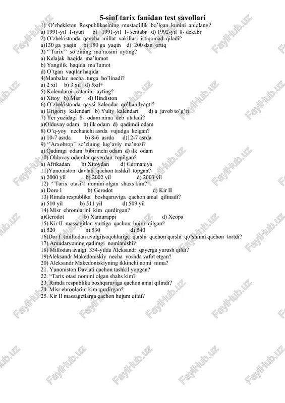 5-sinf tarix fanidan test savollari — DOC