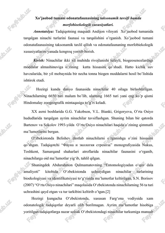 odonatafaunasining taksonamik tavsifi hamda morfobioekologik xususiyatlari — DOCX
