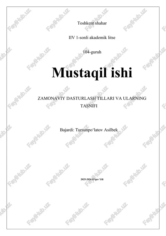zamonaviy dasturlash tillari va ularning tasnifi — DOCX