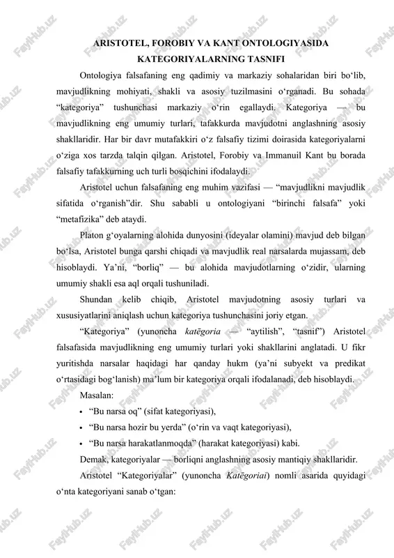 aristotel, forobiy va kant ontologiyasida kategoriyalarning tasnifi — DOCX