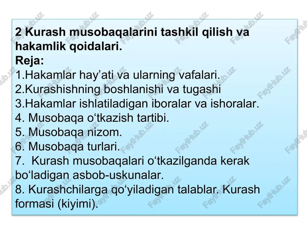 kurash musobaqalari va hakamlik qoidalari — PPTX