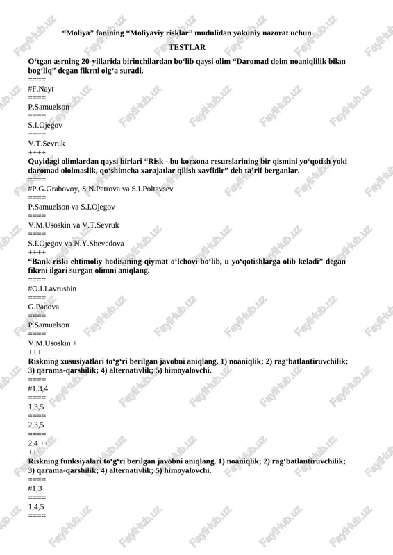 “moliya” fanining “moliyaviy risklar” mudulidan yakuniy nazorat uchun testlar — PDF