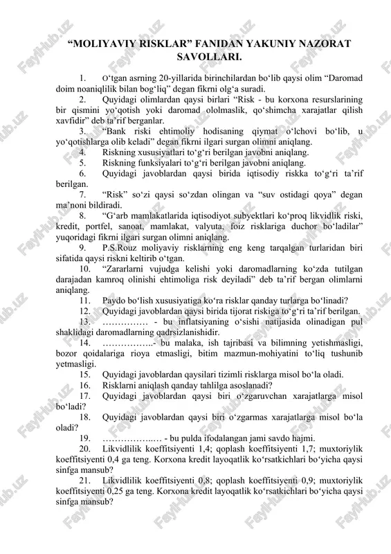 “moliyaviy risklar” fanidan yakuniy nazorat savollari. — DOCX