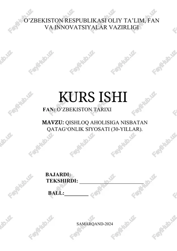 qishloq aholisiga nisbatan qatag‘onlik siyosati (30-yillar) — DOCX